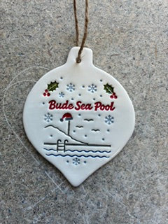 Pottery Hanging Christmas Decoration with Bude Sea Pool Logo
